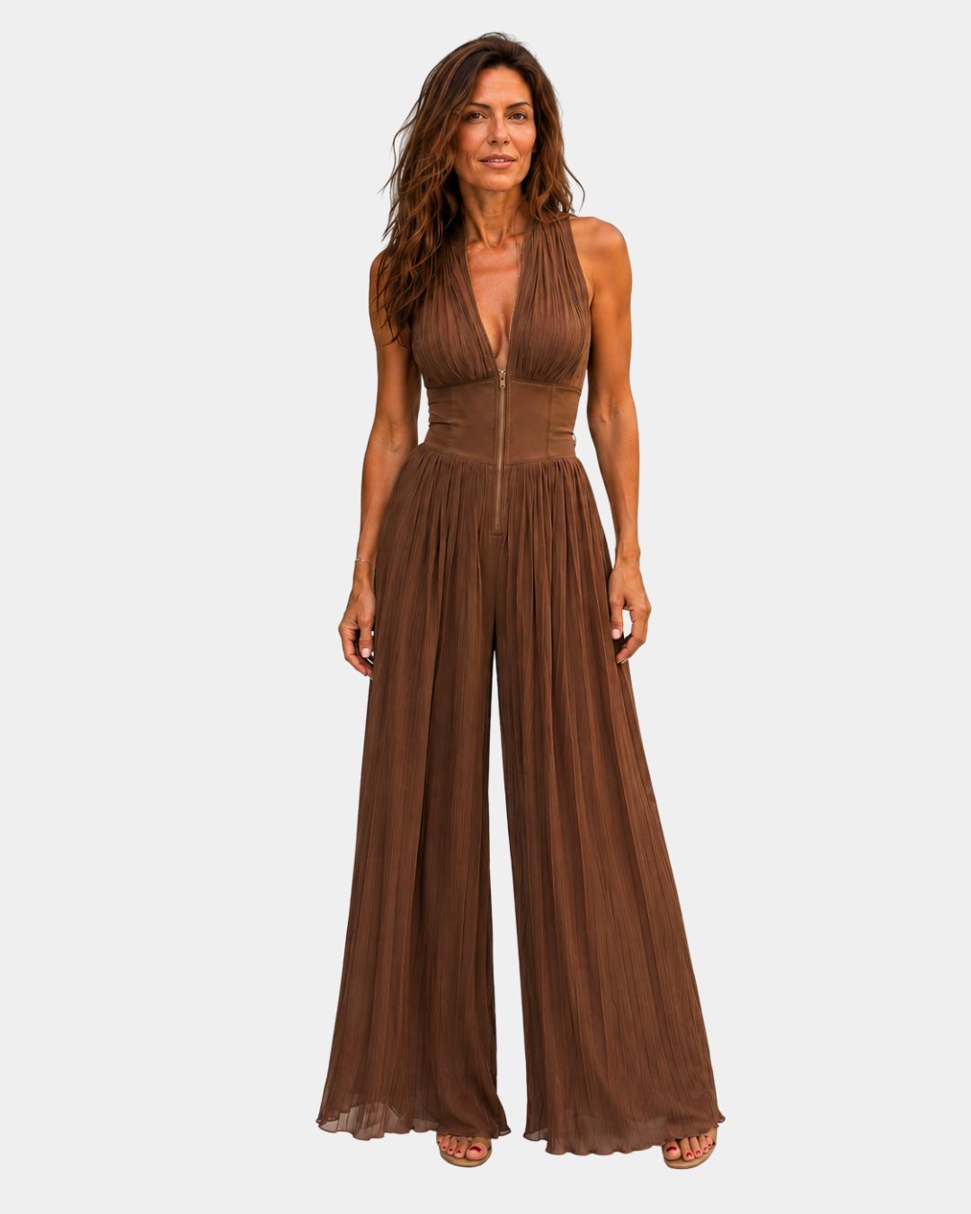 Héluise | Brown Pleated Chiffon Jumpsuit