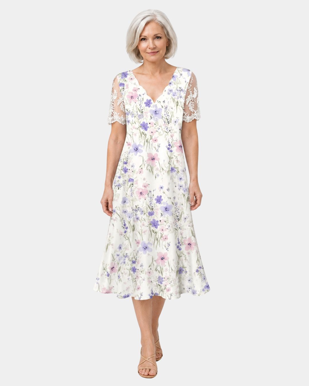 Katell | Lace Sleeve Dress with Floral Print