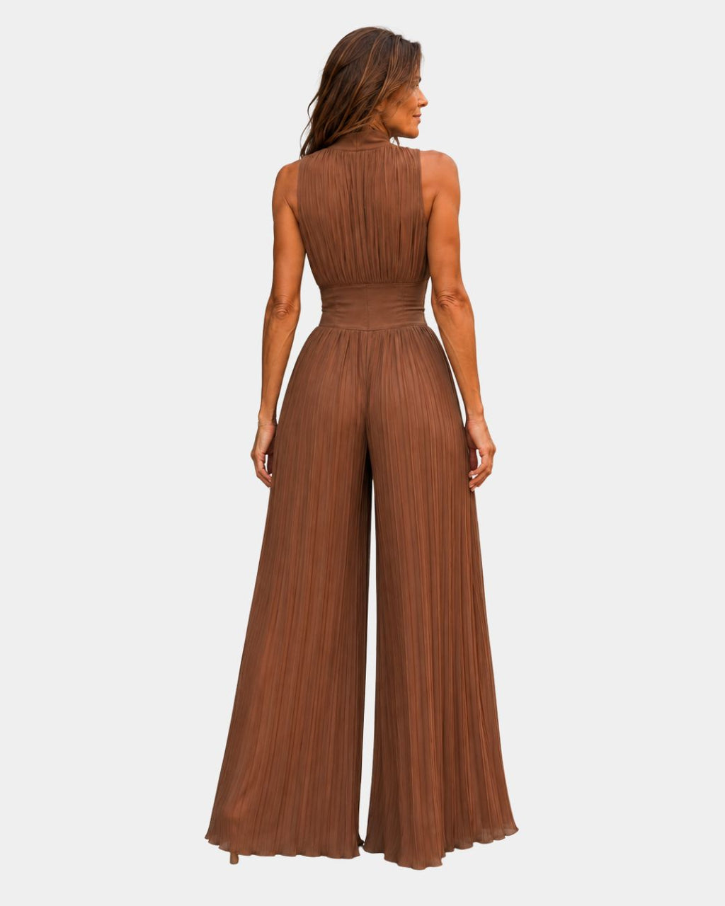 Héluise | Brown Pleated Chiffon Jumpsuit