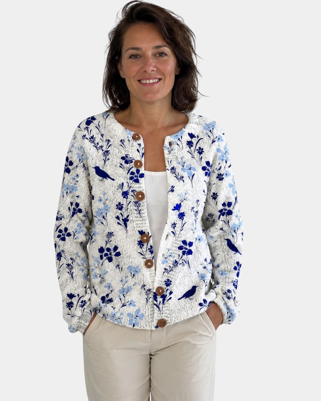 Vynora | Floral and Bird Print Knit Cardigan, Buttoned