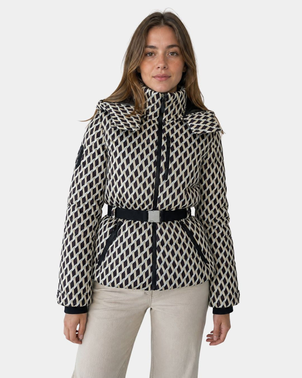 Élodiane | Beige Padded Jacket with Pattern and Belt