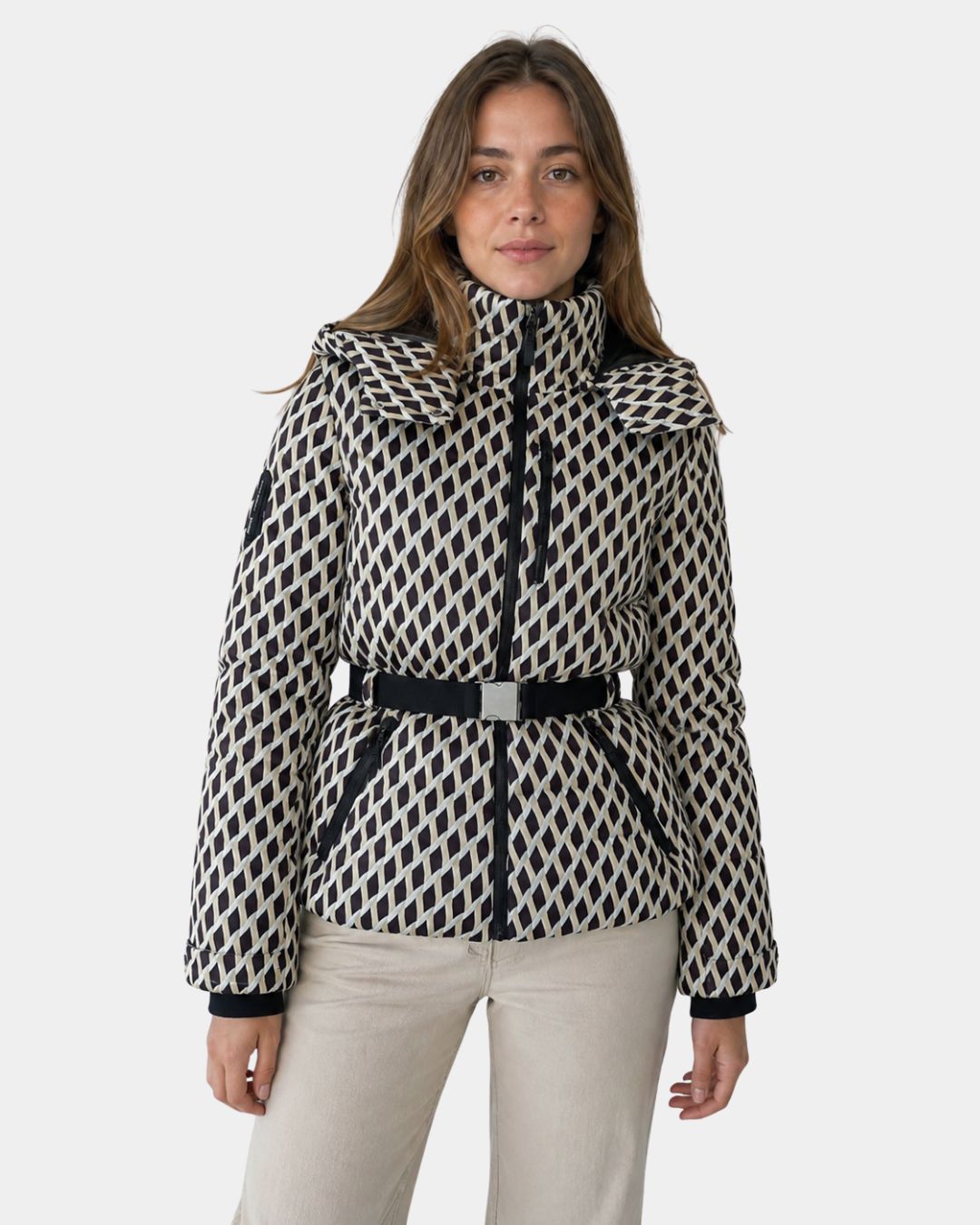 Élodiane | Beige Padded Jacket with Pattern and Belt