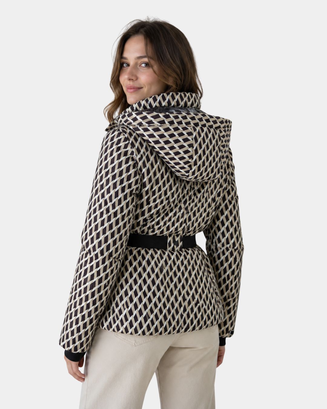 Élodiane | Beige Padded Jacket with Pattern and Belt
