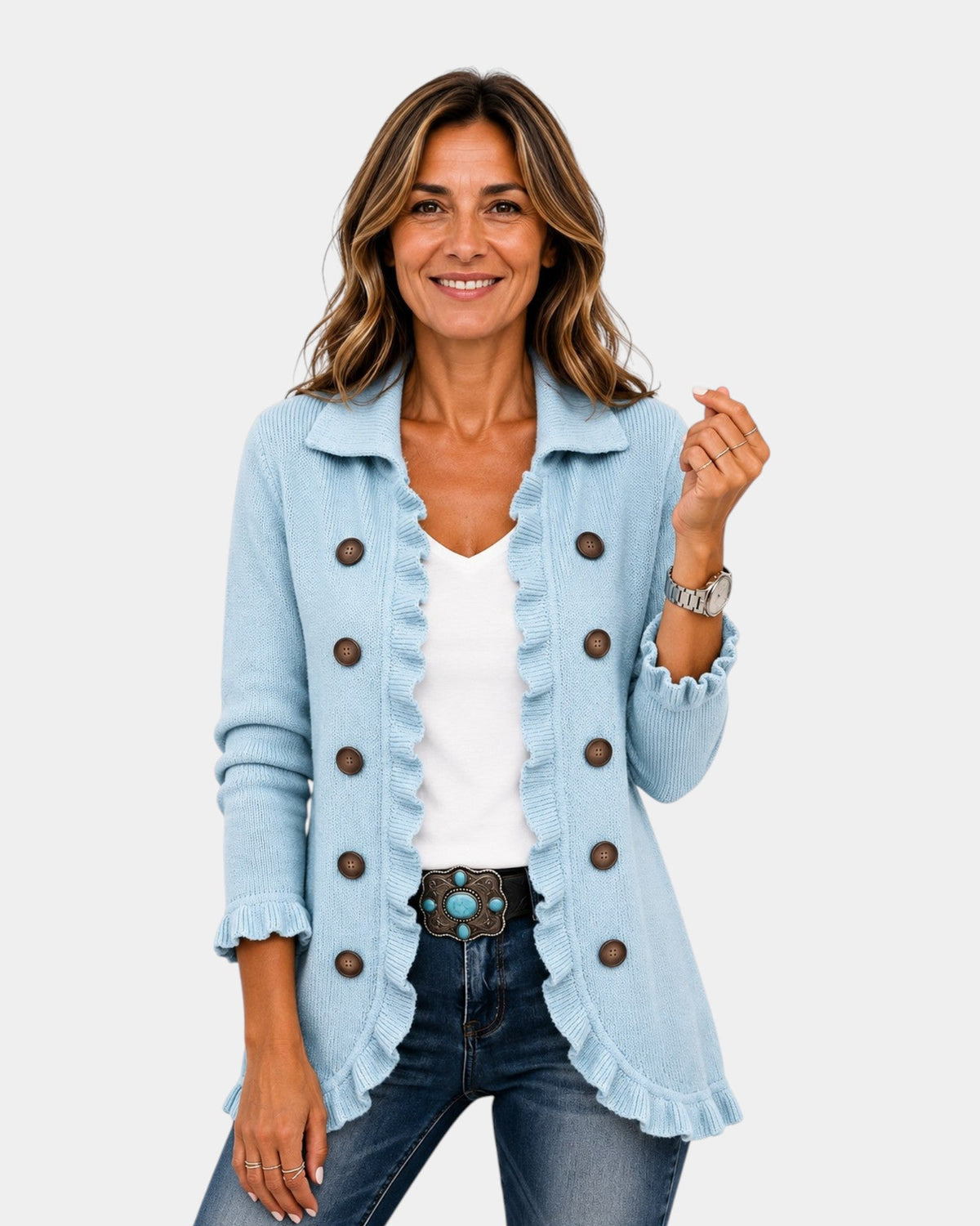 Cecilia | Powder Blue Knitted Jacket with Ruffles