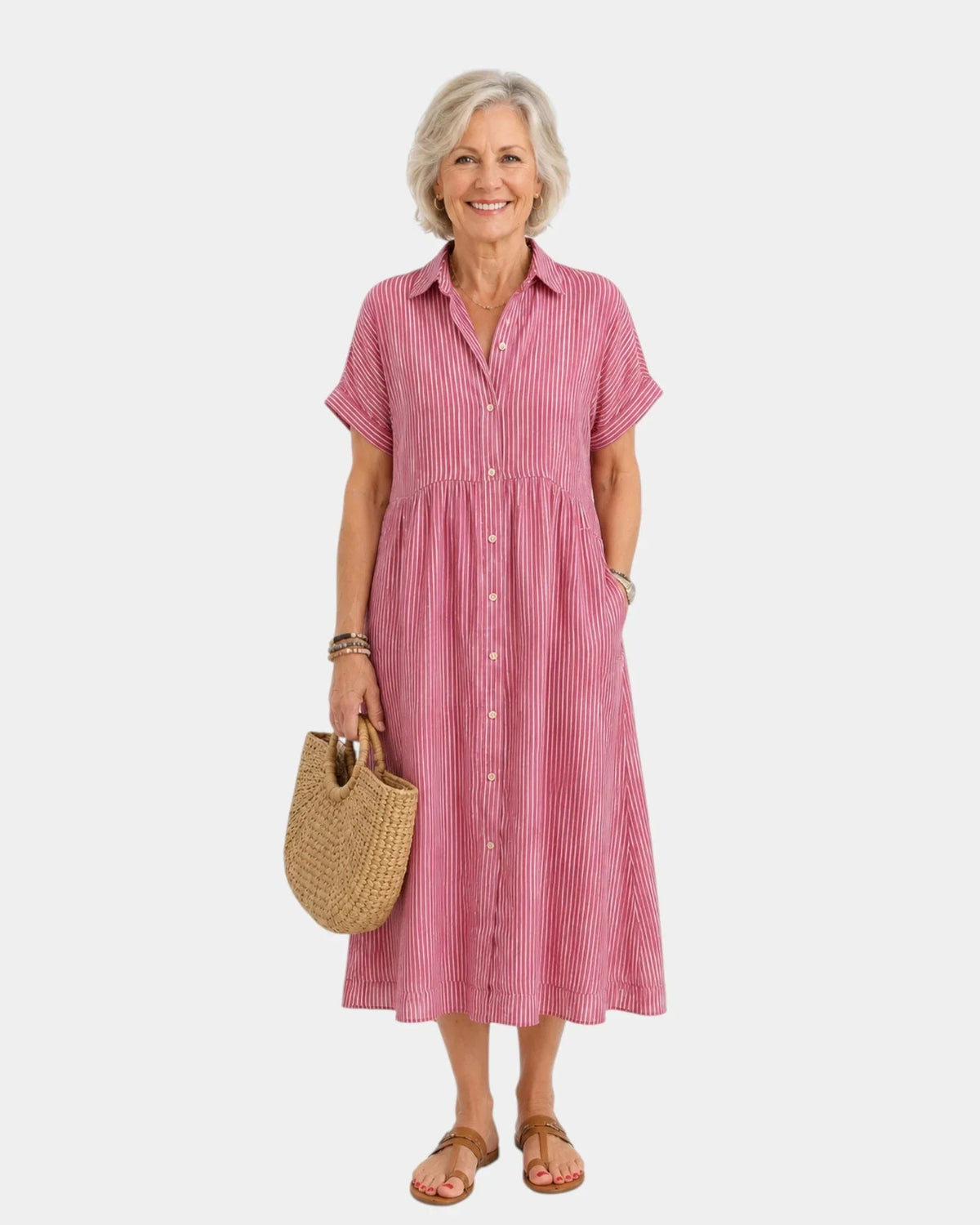 Odelette | Striped Midi Shirt Dress with Buttons