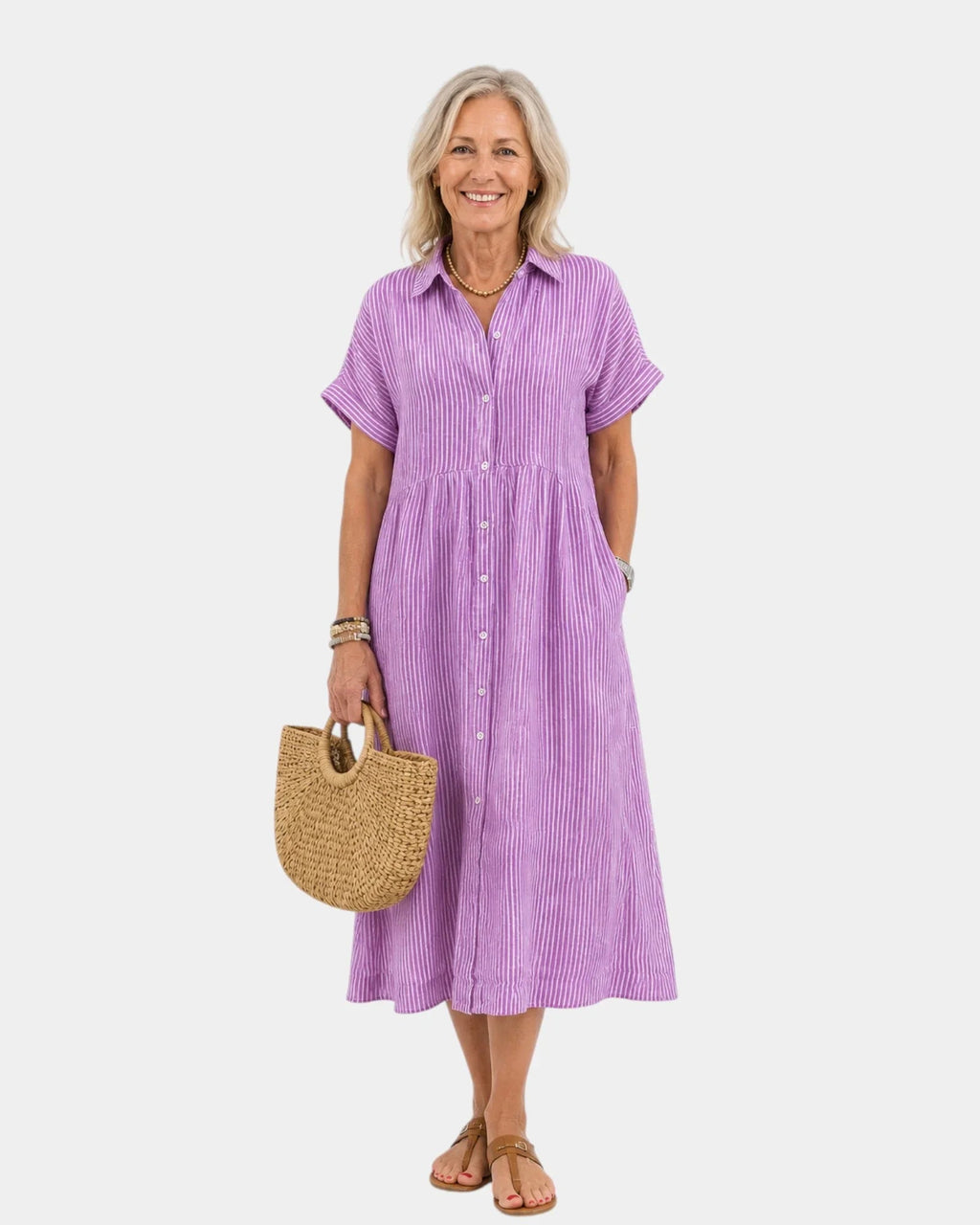 Odelette | Striped Midi Shirt Dress with Buttons