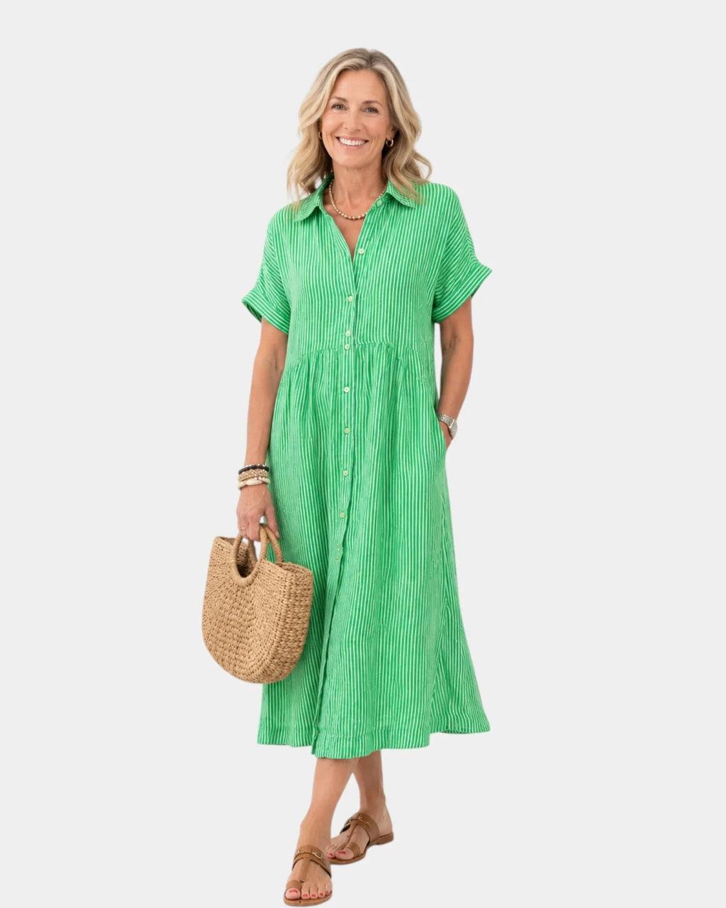 Odelette | Striped Midi Shirt Dress with Buttons