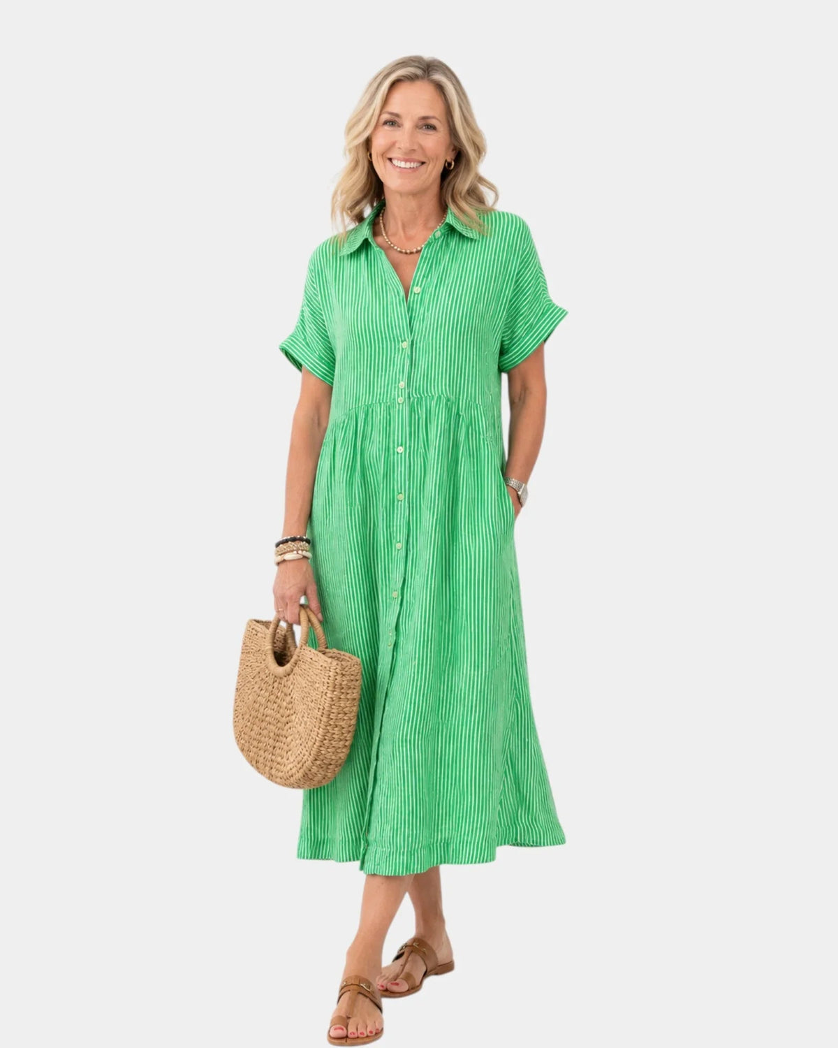 Odelette | Striped Midi Shirt Dress with Buttons