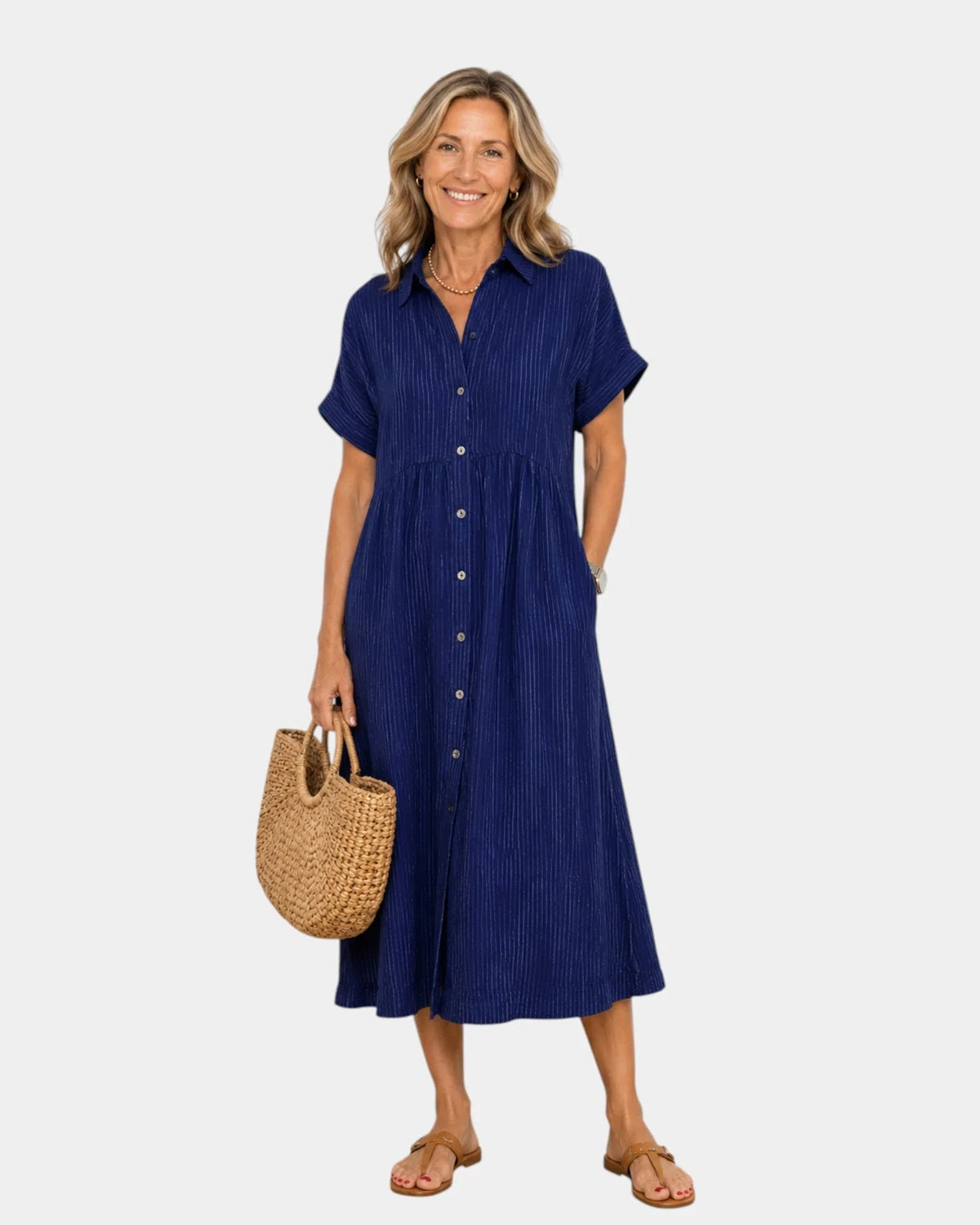 Odelette | Striped Midi Shirt Dress with Buttons
