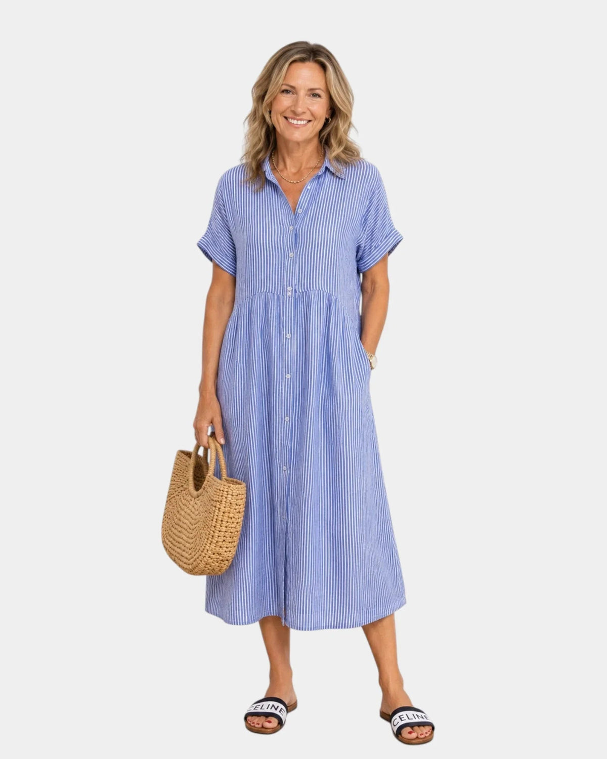 Odelette | Striped Midi Shirt Dress with Buttons