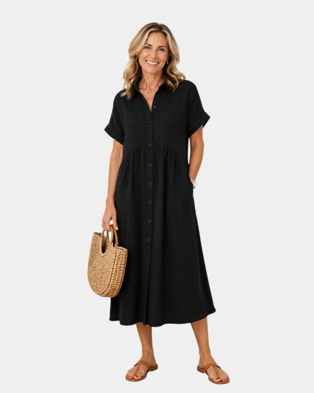 Odelette | Striped Midi Shirt Dress with Buttons