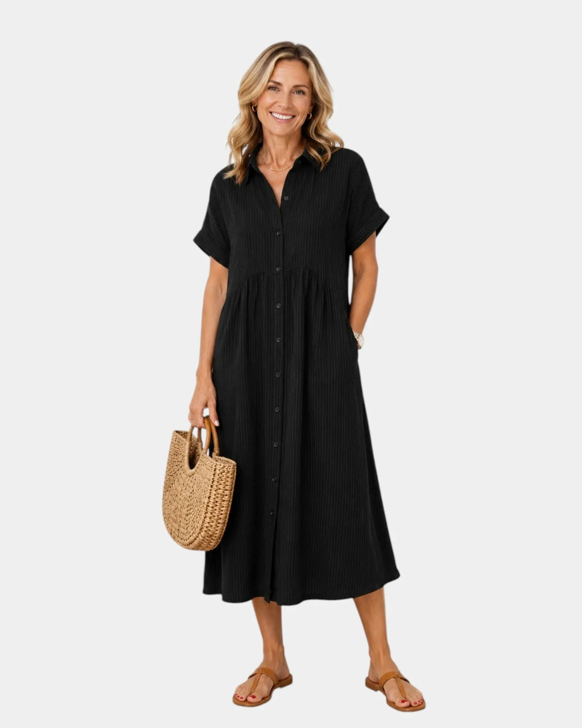 Odelette | Striped Midi Shirt Dress with Buttons