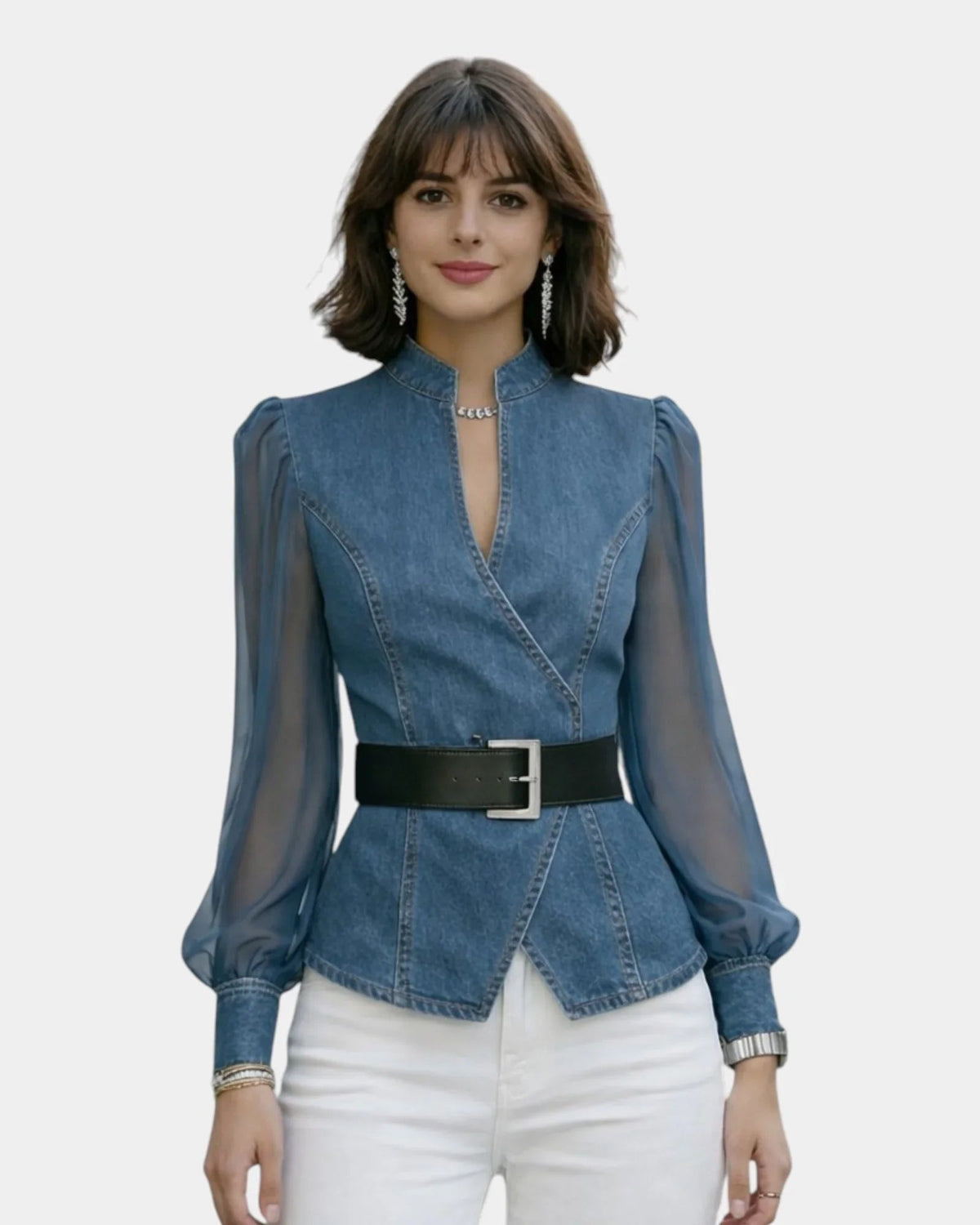 Alizée | Denim Top with Lightweight Chiffon Sleeves