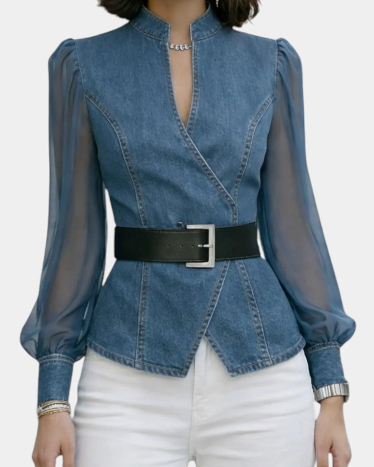 Alizée | Denim Top with Lightweight Chiffon Sleeves