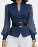 Alizée | Denim Top with Lightweight Chiffon Sleeves