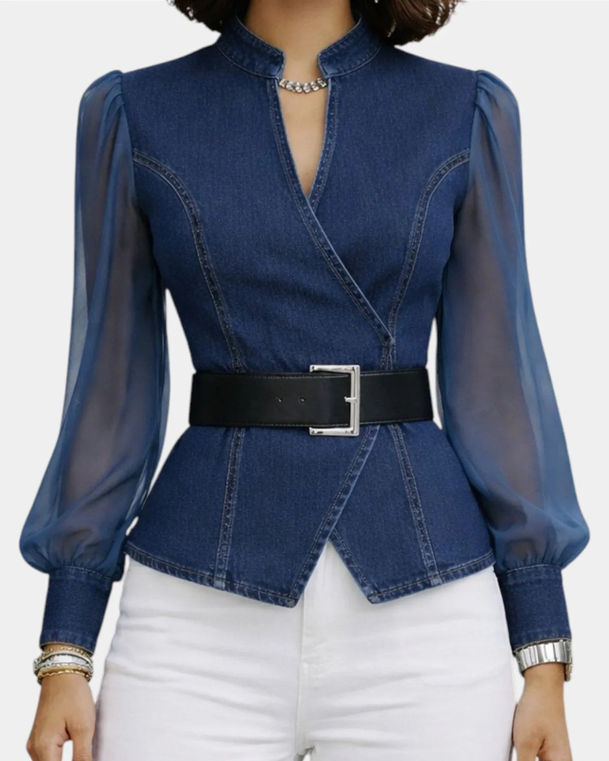 Alizée | Denim Top with Lightweight Chiffon Sleeves