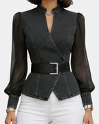 Alizée | Denim Top with Lightweight Chiffon Sleeves
