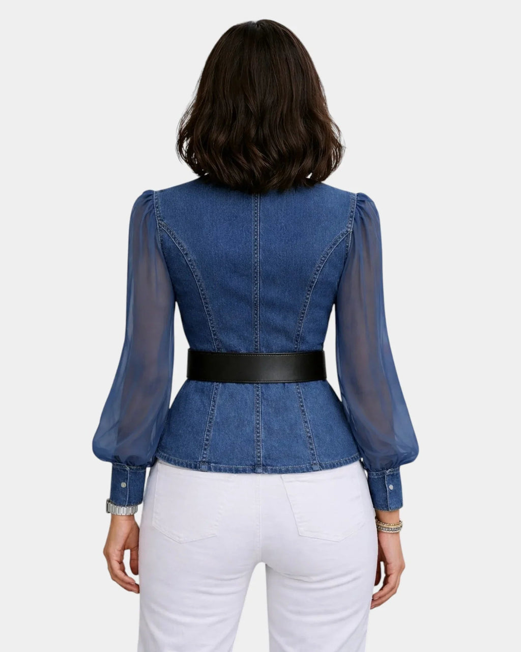Alizée | Denim Top with Lightweight Chiffon Sleeves