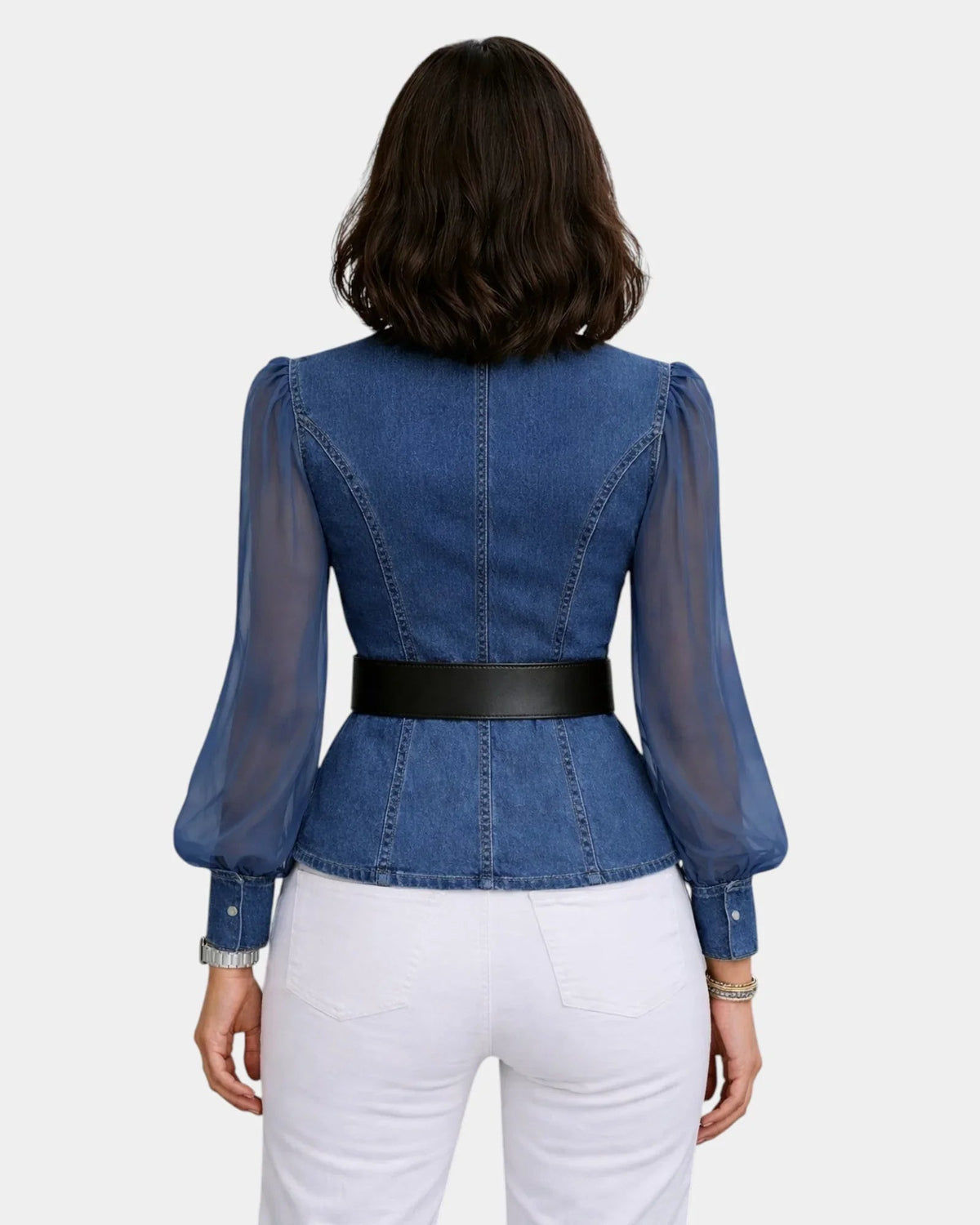 Alizée | Denim Top with Lightweight Chiffon Sleeves