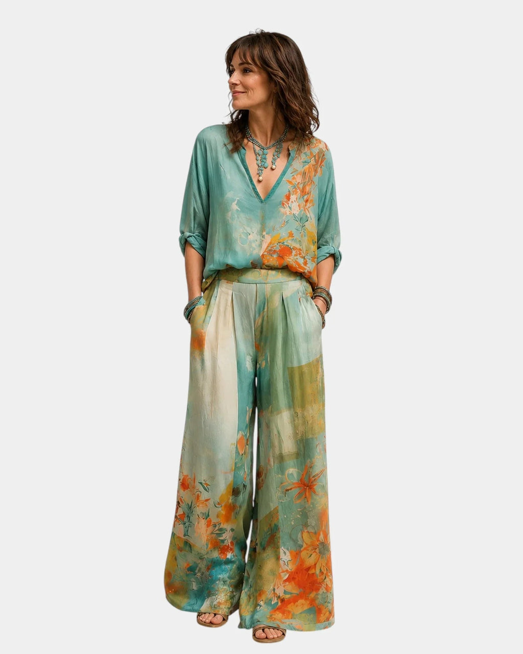 Celidora | Elegant Floral Print Set with Wide Leg Pants