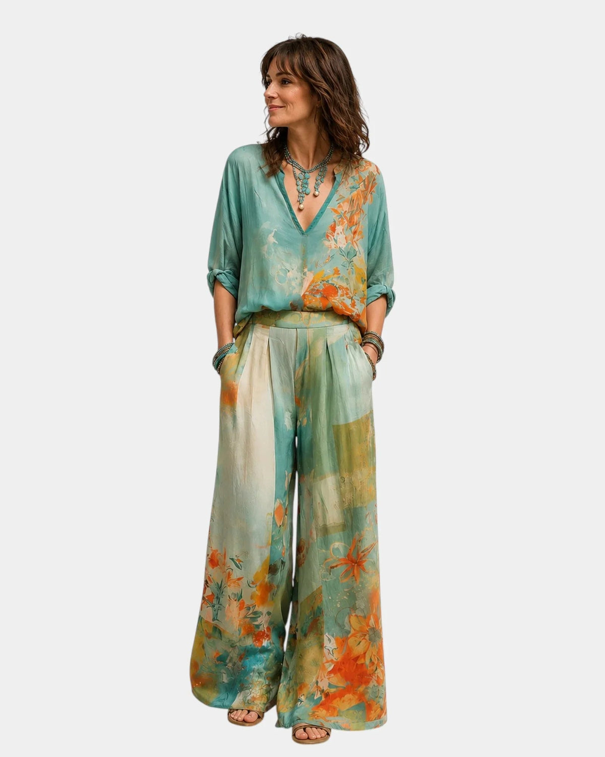 Celidora | Elegant Floral Print Set with Wide Leg Pants