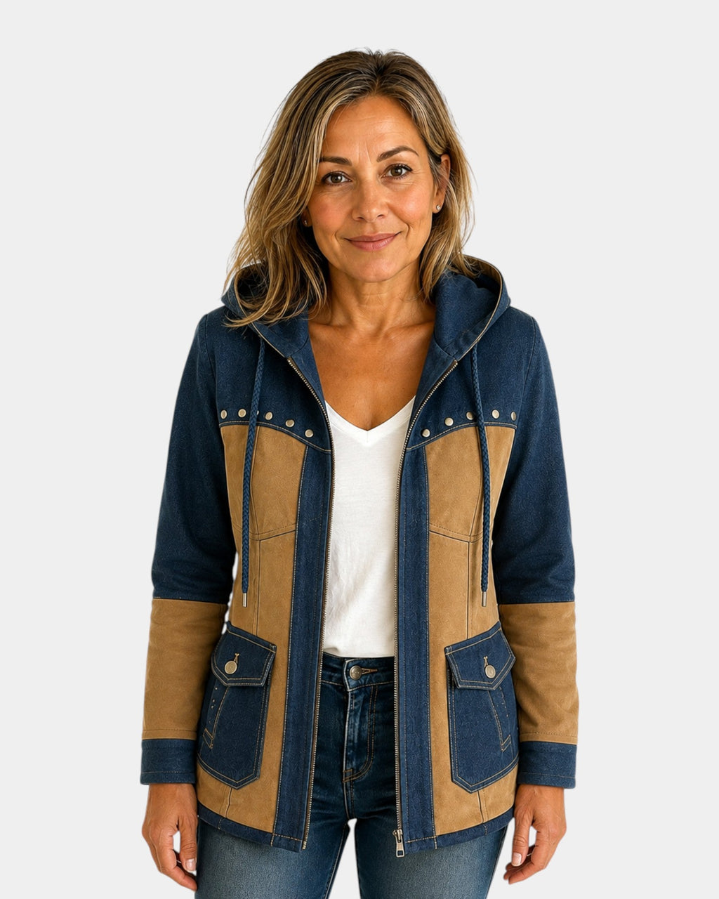 Adriana | Hooded Jacket in Navy and Camel