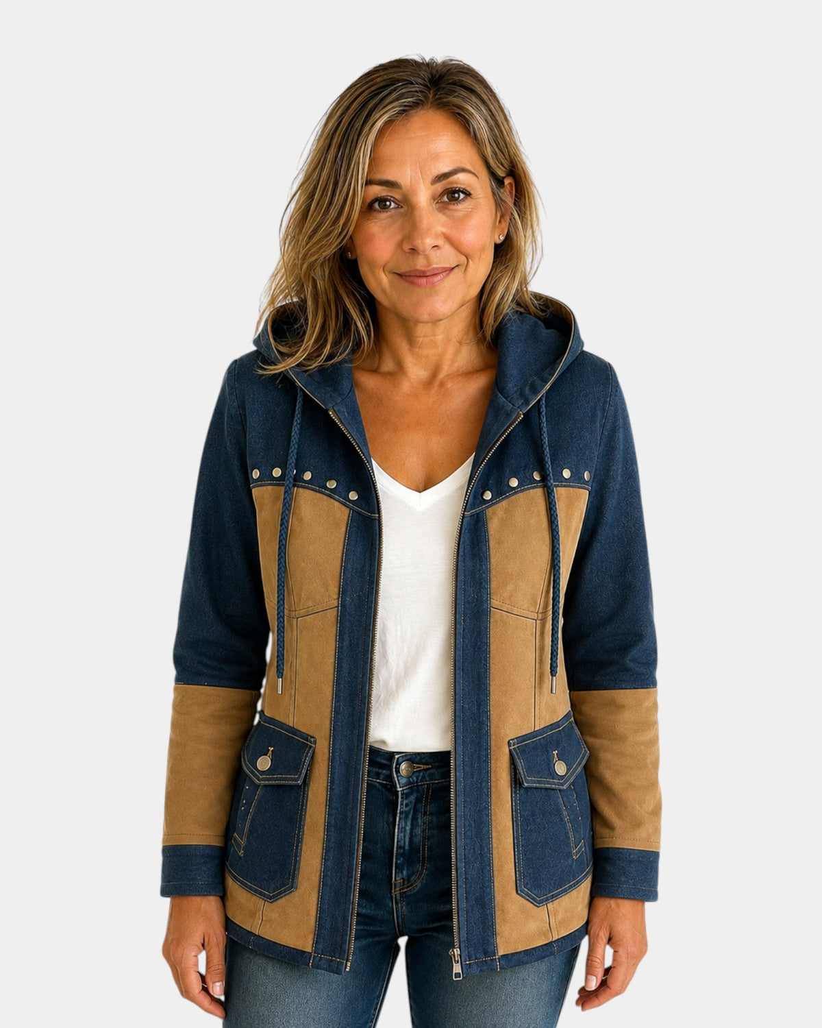 Adriana | Hooded Jacket in Navy and Camel