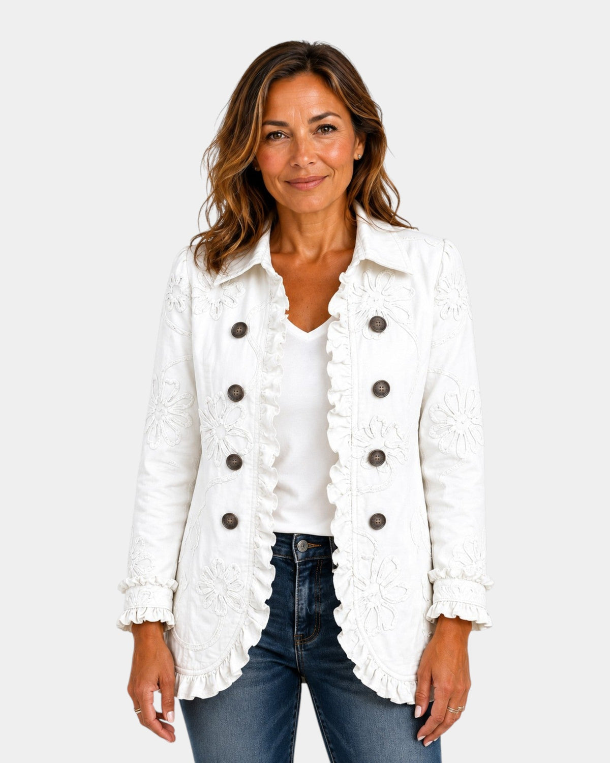 Marisol | Ivory Embroidered Jacket with Ruffles