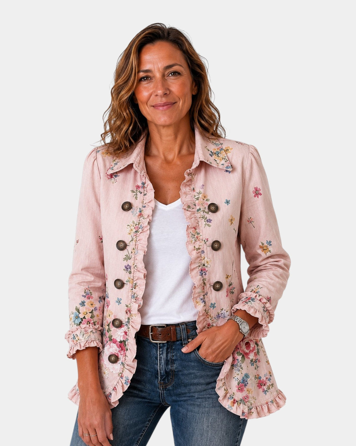 Araceli | Floral Ruffled Button-Up Jacket
