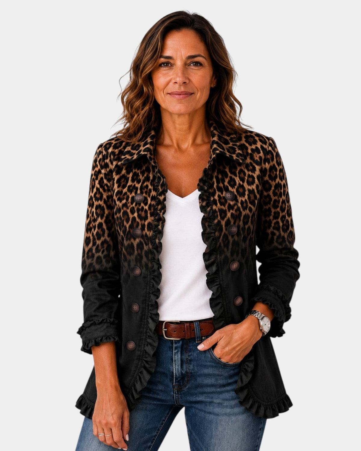 Sabina | Black Leopard Print Jacket with Ruffles
