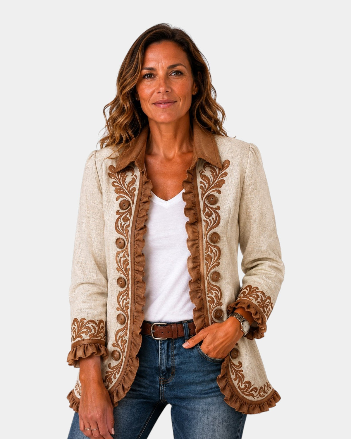 Almudena | Embroidered Floral Jacket with Ruffles