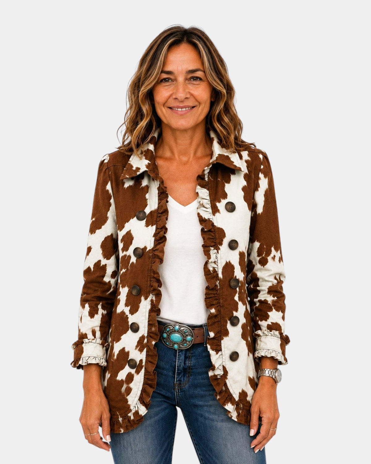 Manuela | Cow Print Jacket with Ruffles