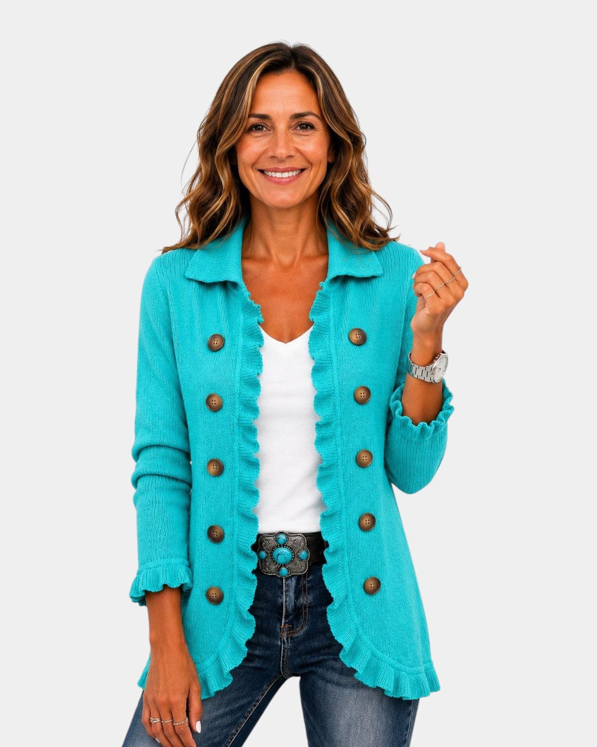 Maribel | Turquoise Knit Jacket with Ruffles