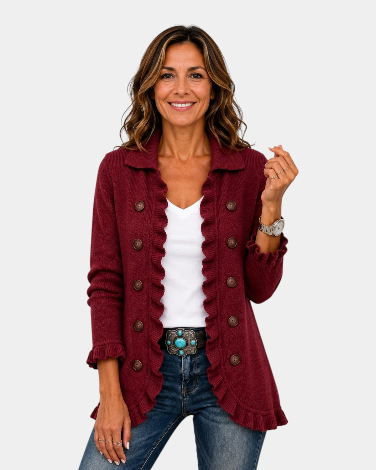 Rosalía | Ruby Red Knit Jacket with Ruffles