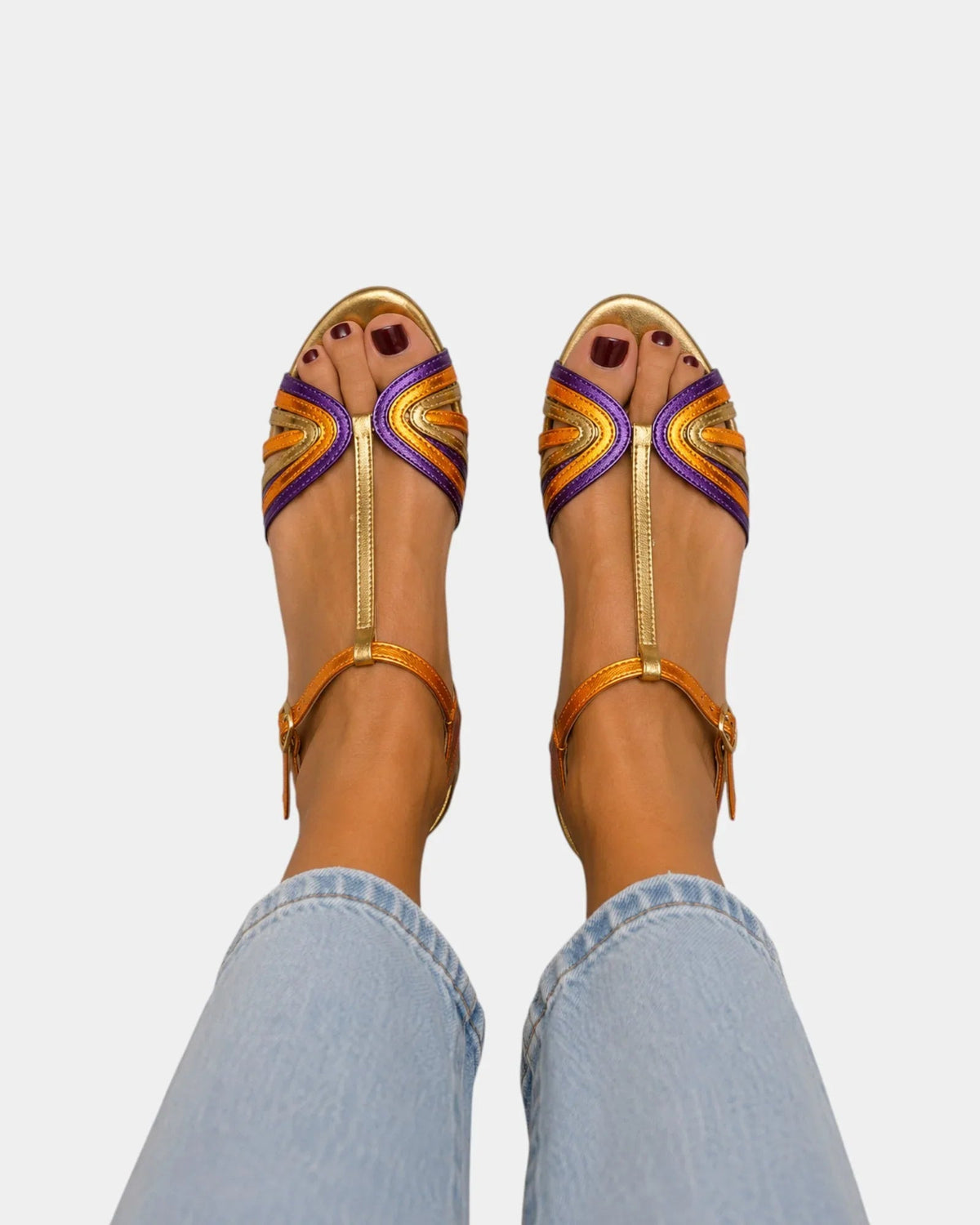 Haby | Golden Sandals with Buckle and Multicolored Strap