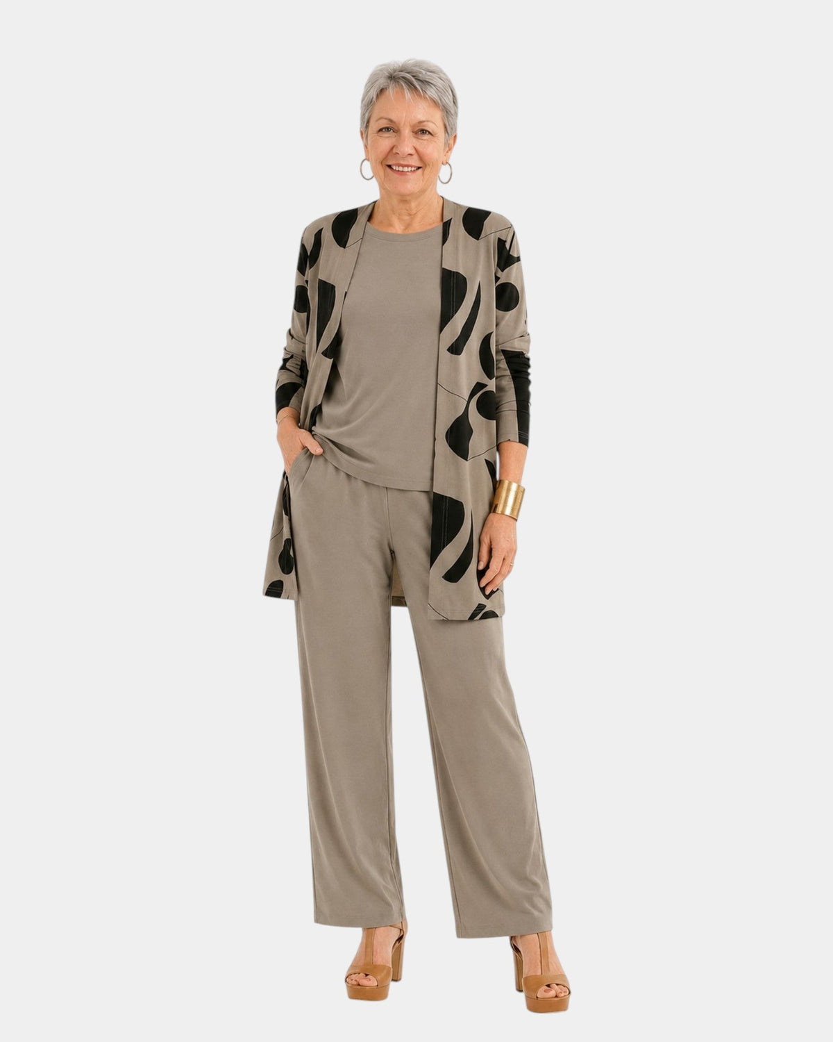 Willa | Three-Piece Set with Khaki Leaf Print