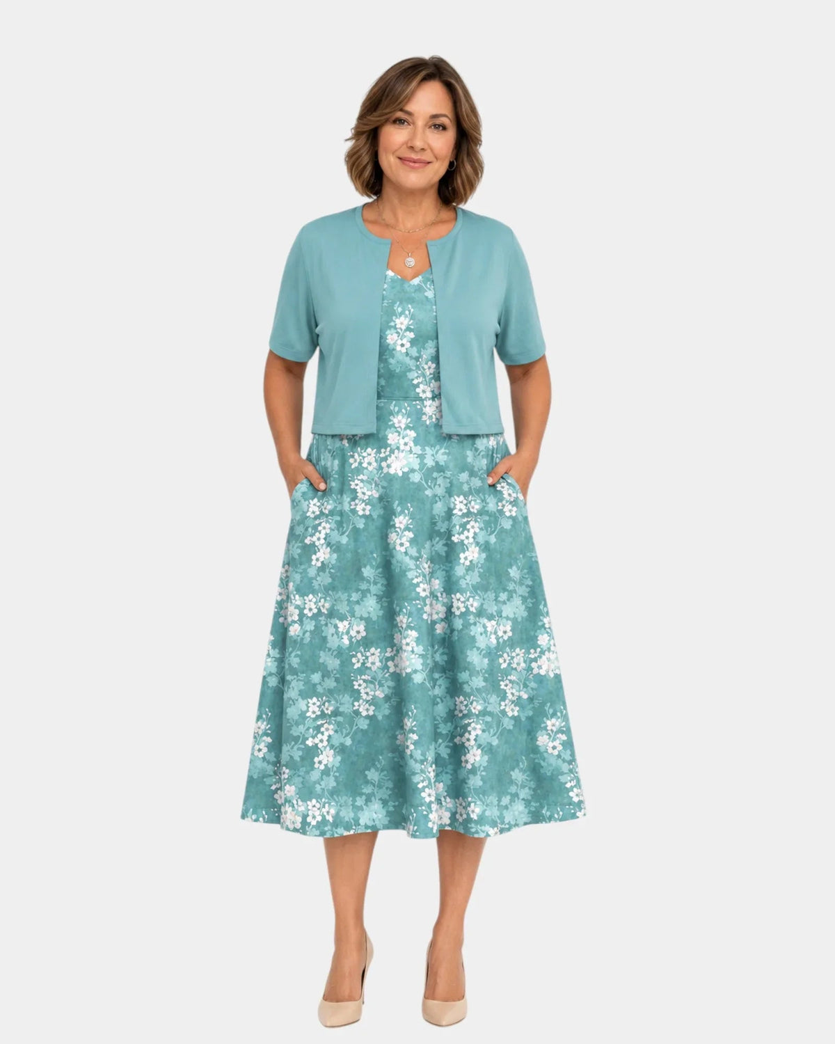 Guilaine | Floral Dress and Light Cardigan Set