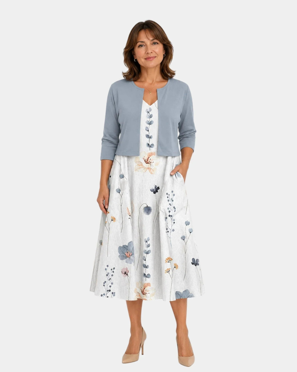 Guilaine | Floral Dress and Light Cardigan Set