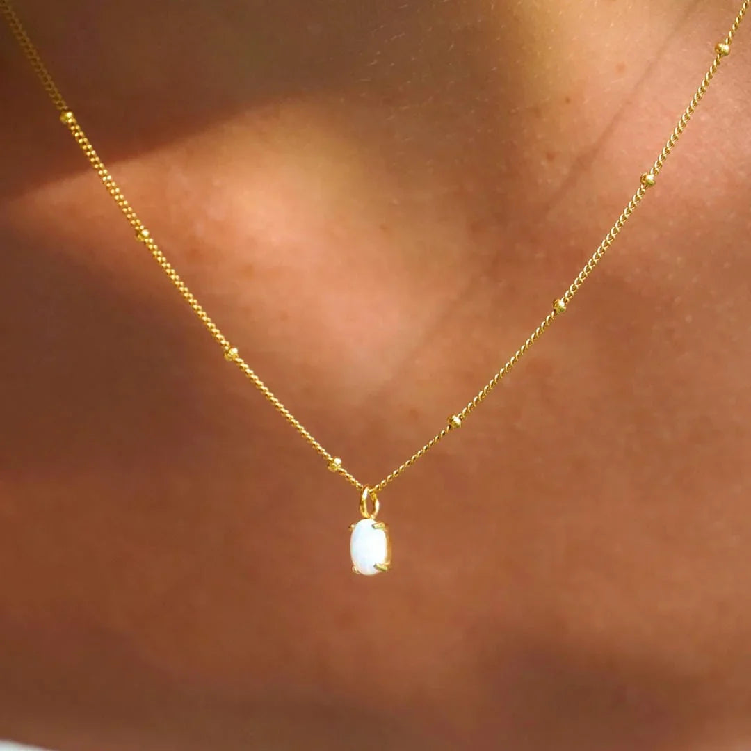 Marion | Gold Beaded Necklace with Opal Pendant